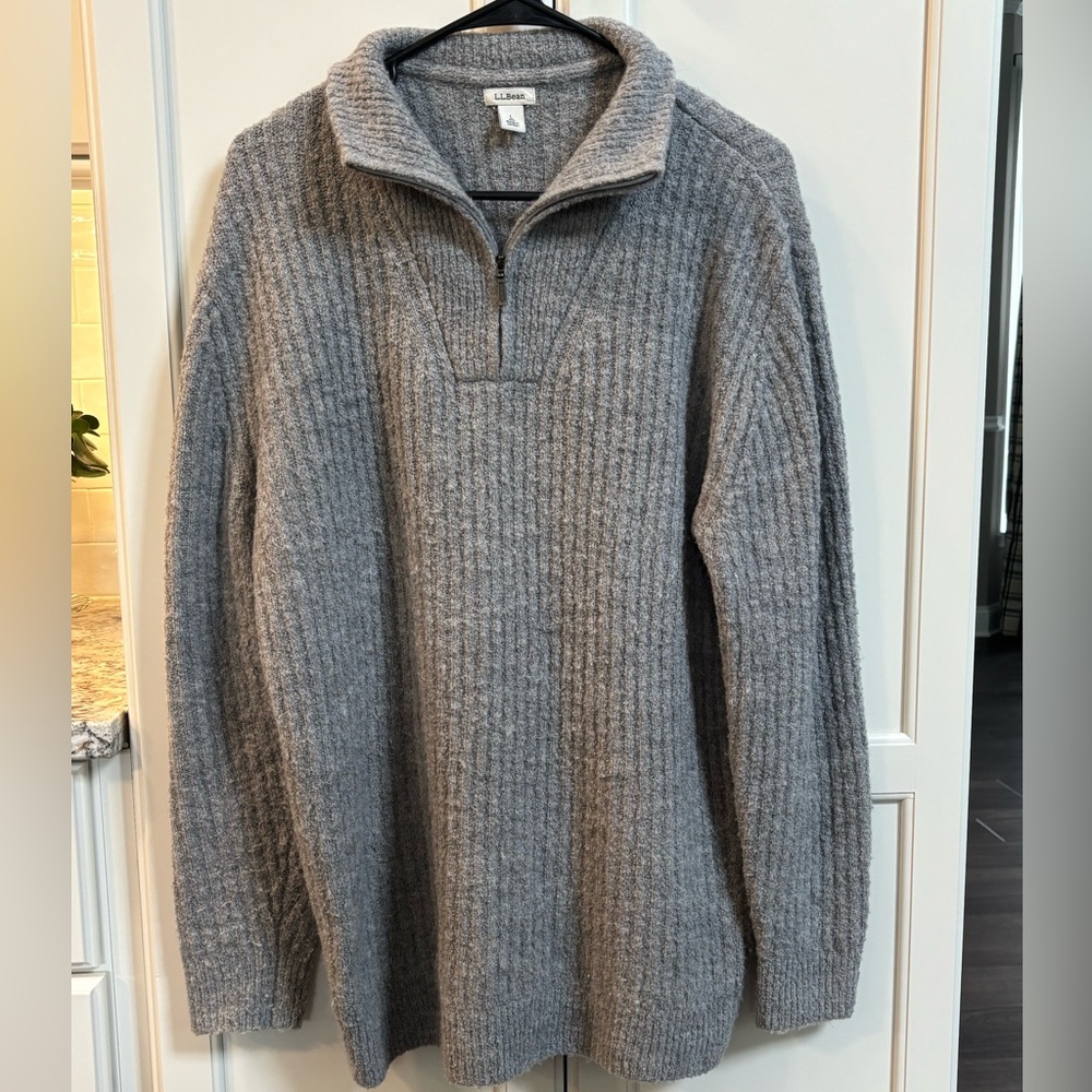 LL Bean Cozy Cloud Sweater Women’s Large Wool Blend Gray Ribbed Quarter Zip Warm